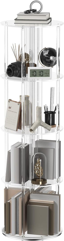 Acrylic Rotating Bookshelf, 5 Tier Round Clear Bookcase with Metal Base, 360 Spinning Bookshelf for Living Room, Bedroom, Corner, Floor Standing, 15.7" D x 15.7" W x 54.1" H - LeafyLoom