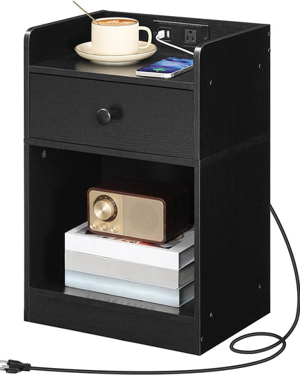 HOOBRO Nightstand with Charging Station, End Table with Drawer and Opening Shelf, Side Table with USB Ports and Outlets, Bedside Table for Bedroom, Small Night Stand Simple Style, Black BK18UBZ01 - LeafyLoom