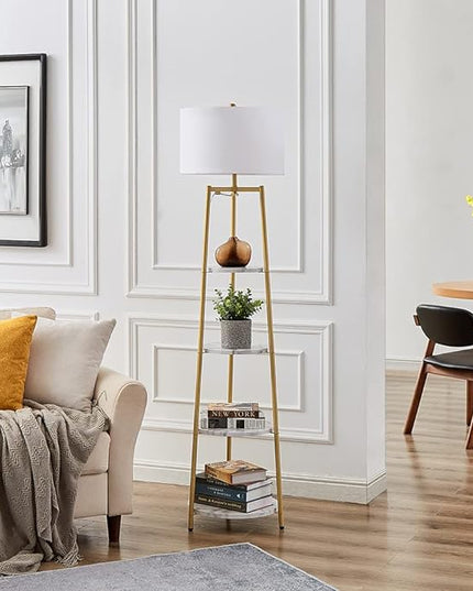 Floor Lamp, Standing Reading Light with Shelves and Fabric Shade, Modern Tall Pole Lamp, Accent Furniture Décor Lighting for Living Room, Bedrooms (Gold, 4-Tier) - LeafyLoom