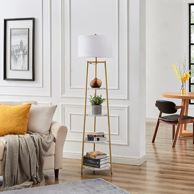 Floor Lamp, Standing Reading Light with Shelves and Fabric Shade, Modern Tall Pole Lamp, Accent Furniture Décor Lighting for Living Room, Bedrooms (Gold, 4-Tier) - LeafyLoom