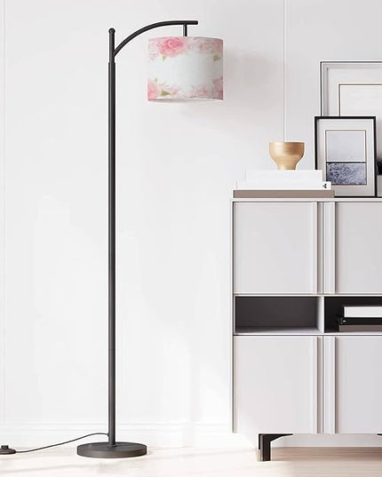 Modern Arc Floor Lamp with Dimmer Mid Century Roses Peonies Garden Flower Hand Drawing Pastel Realistic Floral Metal Standing Lamp with Linen Shade Footswitch for Living Room Bedroom Office - LeafyLoom