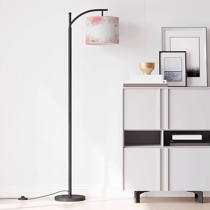 Modern Arc Floor Lamp with Dimmer Mid Century Roses Peonies Garden Flower Hand Drawing Pastel Realistic Floral Metal Standing Lamp with Linen Shade Footswitch for Living Room Bedroom Office - LeafyLoom