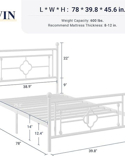 Allewie Twin Size Metal Platform Bed Frame with Victorian Vintage Headboard and Footboard/Mattress Foundation/Under Bed Storage/No Box Spring Needed/Noise-Free/Easy Assembly, White - LeafyLoom