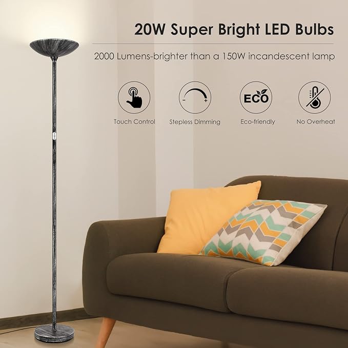 BoostArea Floor Lamp, Pole Standing Lamp, 20W 2000LM LED Torchiere Floor Lamp, Stepless Dimmable, Touch Control, 3000K Daylight, 50000hrs Lifespan,70.5 in Floor Lamps for Living Room,Bedroom,Office - LeafyLoom