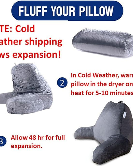 ComfortSpa Reading Pillow for Bed Adult Size, Back Rest Pillow with Arms, Pockets and Washable Cover; Use as a Back Pillow for Sitting in Bed for Bedrest or Relief from GERD Heartburn (Grey) - LeafyLoom