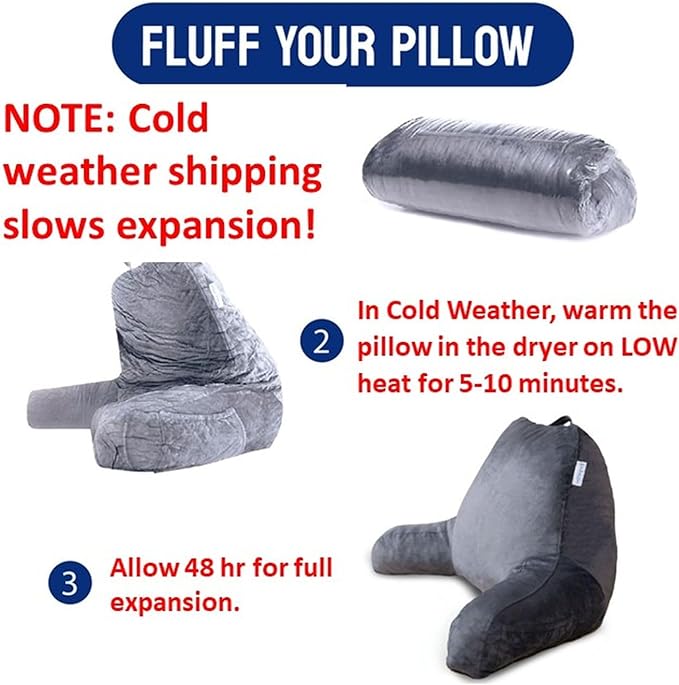 ComfortSpa Reading Pillow for Bed Adult Size, Back Rest Pillow with Arms, Pockets and Washable Cover; Use as a Back Pillow for Sitting in Bed for Bedrest or Relief from GERD Heartburn (Grey) - LeafyLoom