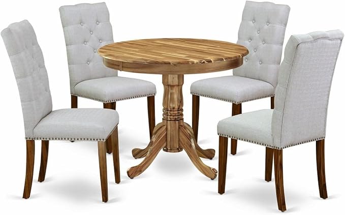 East West Furniture ANEL5-ANA-05 Antique 5 Piece Kitchen Set for 4 Includes a Round Dining Room Table with Pedestal and 4 Grey Linen Fabric Upholstered Parson Chairs, 36x36 Inch - LeafyLoom