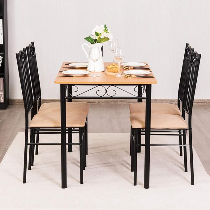 LUARANE 5-Piece Dining Table Set, Rectangular Dining Table with 4 Cushioned Chairs, Modern Wooden Breakfast Table Set for Small Spaces, Apartment, Dinette, Breakfast Nook, Black + Natural - LeafyLoom