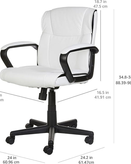 Amazon Basics Office Computer Task Desk Chair with Padded Armrests, Mid-Back, Adjustable, 360 Swivel, Rolling, 275 Pound Capacity, 24.2"D x 24"W x 38.6"H, BIFMA Certified, White Faux Leather - LeafyLoom