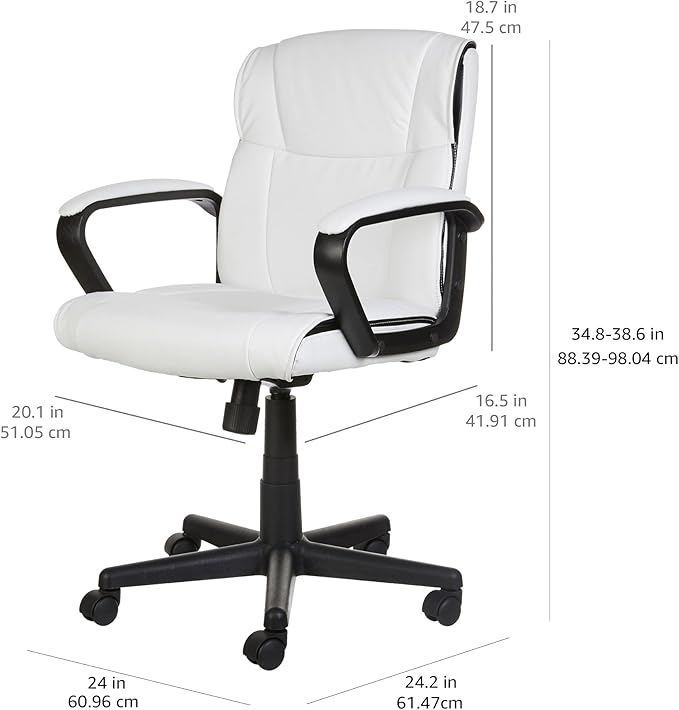 Amazon Basics Office Computer Task Desk Chair with Padded Armrests, Mid-Back, Adjustable, 360 Swivel, Rolling, 275 Pound Capacity, 24.2"D x 24"W x 38.6"H, BIFMA Certified, White Faux Leather - LeafyLoom