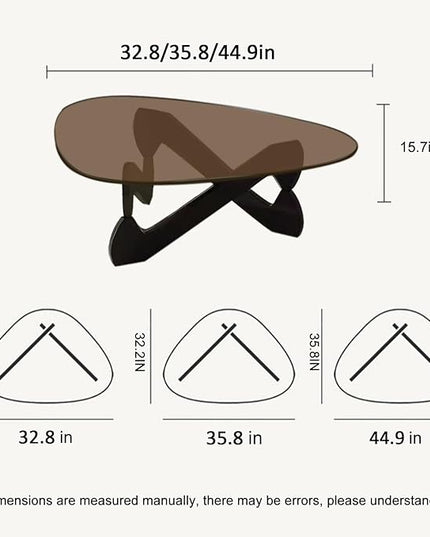 Triangle Coffee Table Glass Coffee Table for Living Room Clear Glass Coffee Table with Solid Wood Base Mid Century Modern Coffee Table for Small Spaces (Black-Brown, 35.8in) - LeafyLoom