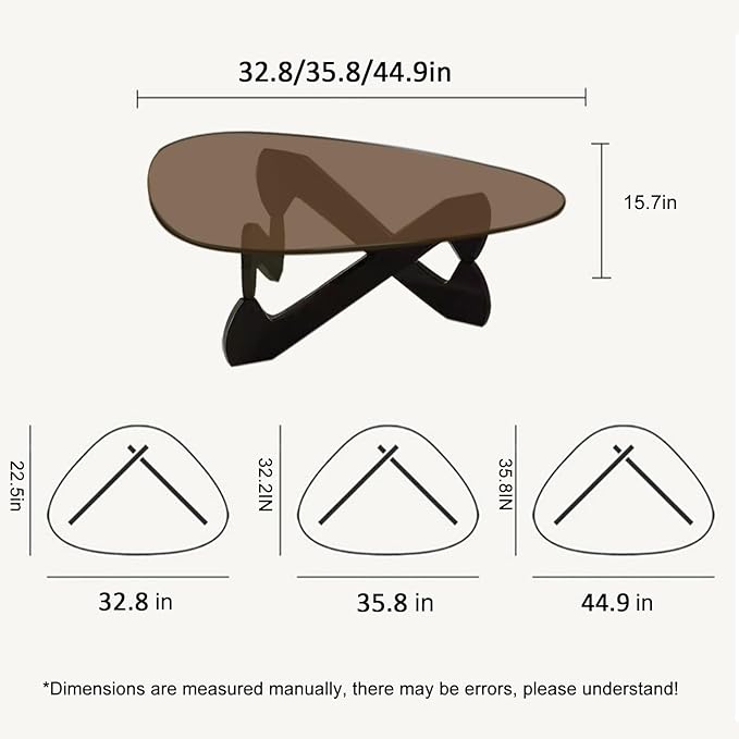 Triangle Coffee Table Glass Coffee Table for Living Room Clear Glass Coffee Table with Solid Wood Base Mid Century Modern Coffee Table for Small Spaces (Black-Brown, 35.8in) - LeafyLoom