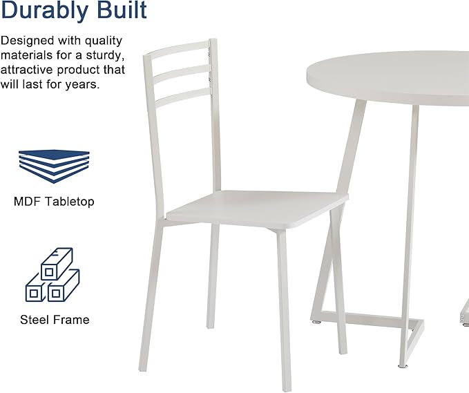 VECELO Small Round Dining Table Set for 2, Wood Tabletop with Strong Metal Frame, Modern Dinette with Chairs for Kitchen, Breakfast Nook Living Room, Solid white - LeafyLoom