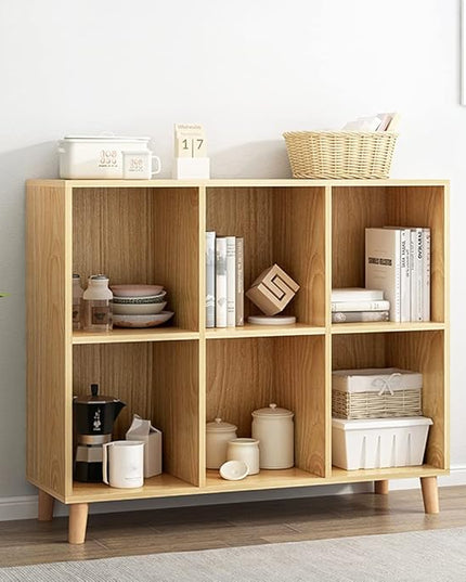 IOTXY Freestanding Open Cubes Bookcase - 2-Tier Floor Standing Wooden Storage Display Cabinet Organizer with Legs for Home Office, 6-Cubes Open Shelf Low Short Bookshelf, Oak - LeafyLoom