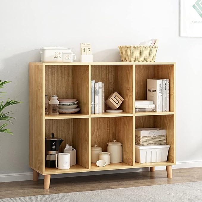 IOTXY Freestanding Open Cubes Bookcase - 2-Tier Floor Standing Wooden Storage Display Cabinet Organizer with Legs for Home Office, 6-Cubes Open Shelf Low Short Bookshelf, Oak - LeafyLoom