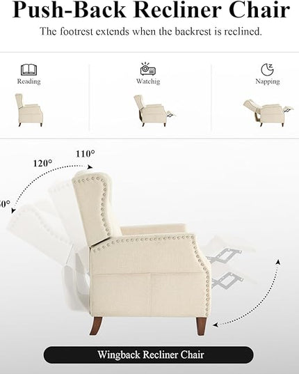 COLAMY Wingback Pushback Recliner Chair with Storage Pocket, Upholstered Fabric Living Room Chair Armchair with Wood Legs and Nailhead Trim, Beige - LeafyLoom