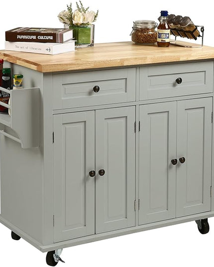 NSdirect Kitchen Island Cart,Kitchen Bar&Serving Cart Rolling on Wheels with Spice Rack Towel Holder Utility Storage Trolley with Storage Drawers for Home Hotel Kitchen Dinning Room(Grey) - LeafyLoom