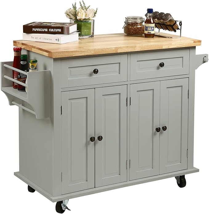 NSdirect Kitchen Island Cart,Kitchen Bar&Serving Cart Rolling on Wheels with Spice Rack Towel Holder Utility Storage Trolley with Storage Drawers for Home Hotel Kitchen Dinning Room(Grey) - LeafyLoom