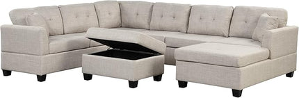 121.3" Modern Oversized U-Shape Sectional Sofa with Right Side Chaise & Storage Ottoman, Linen Upholstered Couch w/ 2 Throw Pillows, for Large Space, Living Room, Apartment, 121.3 Inch, Beige - LeafyLoom