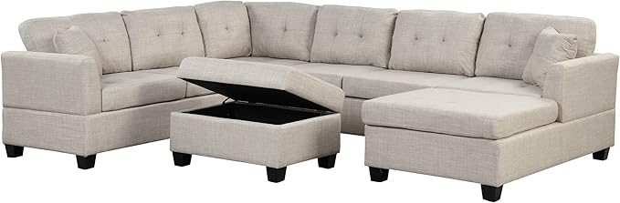 121.3" Modern Oversized U-Shape Sectional Sofa with Right Side Chaise & Storage Ottoman, Linen Upholstered Couch w/ 2 Throw Pillows, for Large Space, Living Room, Apartment, 121.3 Inch, Beige - LeafyLoom