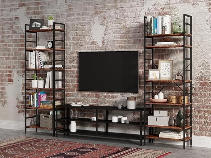 6 Tier Industrial Bookcase Shelf,Tall Bookshelf Industrial Corner Storage Organizer for Bedroom/Living Room/Home Office - Rustic Brown Modern Book Shelf for Books and Movies - LeafyLoom