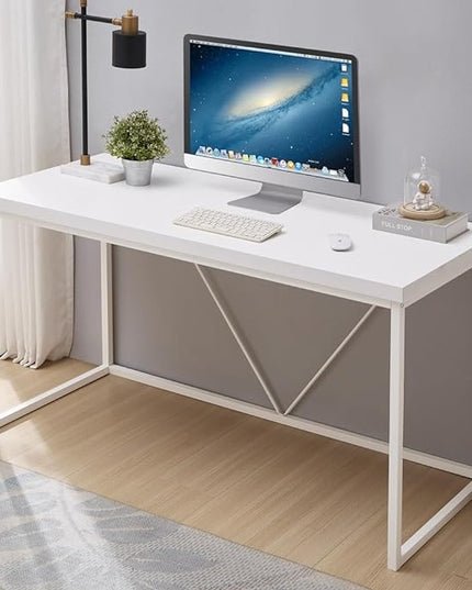 Home Office Desk, Metal and Wood Computer Desk, Modern Rustic Work Study Writing Table for Living Room Bedroom, White Oak, 55 inch - LeafyLoom