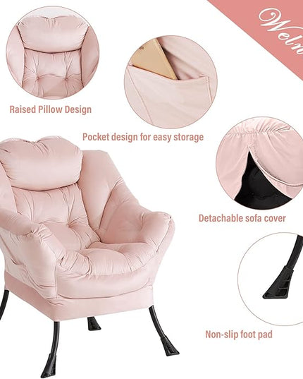 Welnow Lazy Chair with Ottoman, Modern Lounge Accent Chair with Armrests and a Side Pocket, Leisure Upholstered Sofa Chair Set, Reading Chair with Footrest for Small Space, Corner Chair, Pink - LeafyLoom