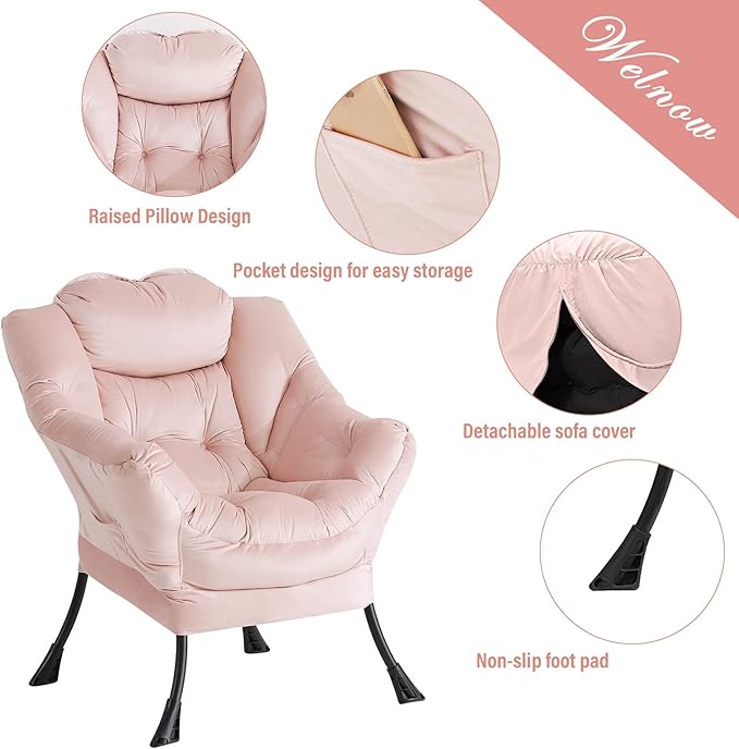 Welnow Lazy Chair with Ottoman, Modern Lounge Accent Chair with Armrests and a Side Pocket, Leisure Upholstered Sofa Chair Set, Reading Chair with Footrest for Small Space, Corner Chair, Pink - LeafyLoom