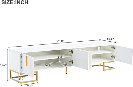 Merax Modern Stand with Metal Legs, Gold Handles, Geometric Lines and Adjustable Shelves for TVs Up to 80'' Media Console Table, Luxury Storage Cabinets for Living Room, 70.8" Length, White - LeafyLoom