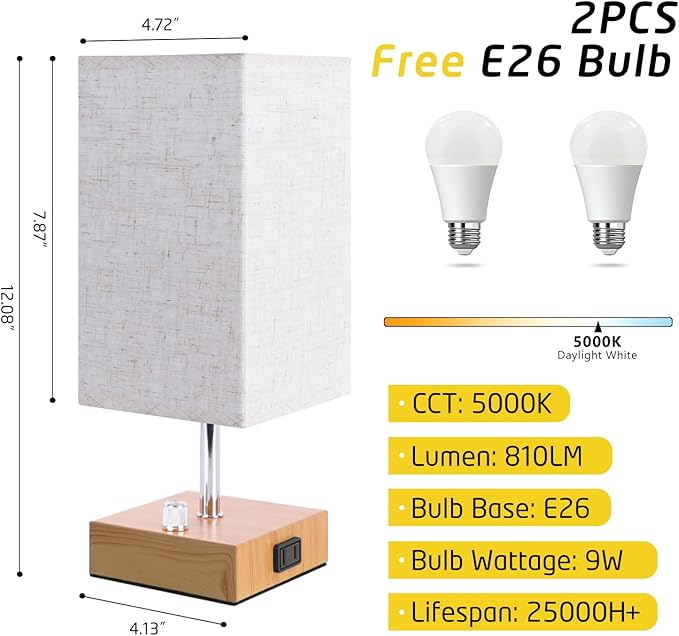 Small Bedside Lamps Set of 2, Fully Table Lamp for Bedroom Office, Nightstand Lamp with USB C+A Ports & AC Outlet, Square Beige Fabric Shade Wood Grain Metal Base(LED Blubs Included) - LeafyLoom