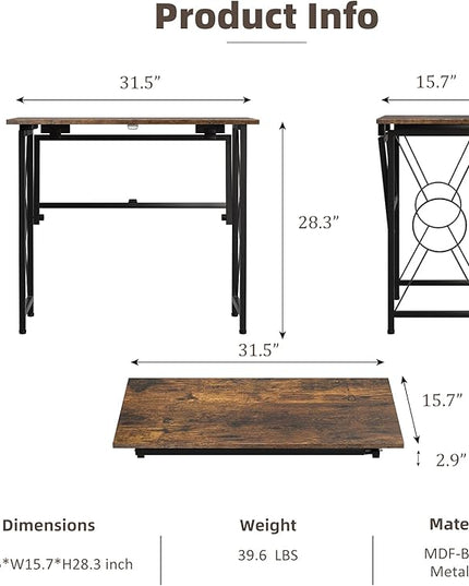 31.5" Computer Desk for Small Place, Foldable Desk Home Office Desk, Black Metal Frame, Modern Industrial Style Study Writing Table, No Assembly Required, Rustic Brown - LeafyLoom