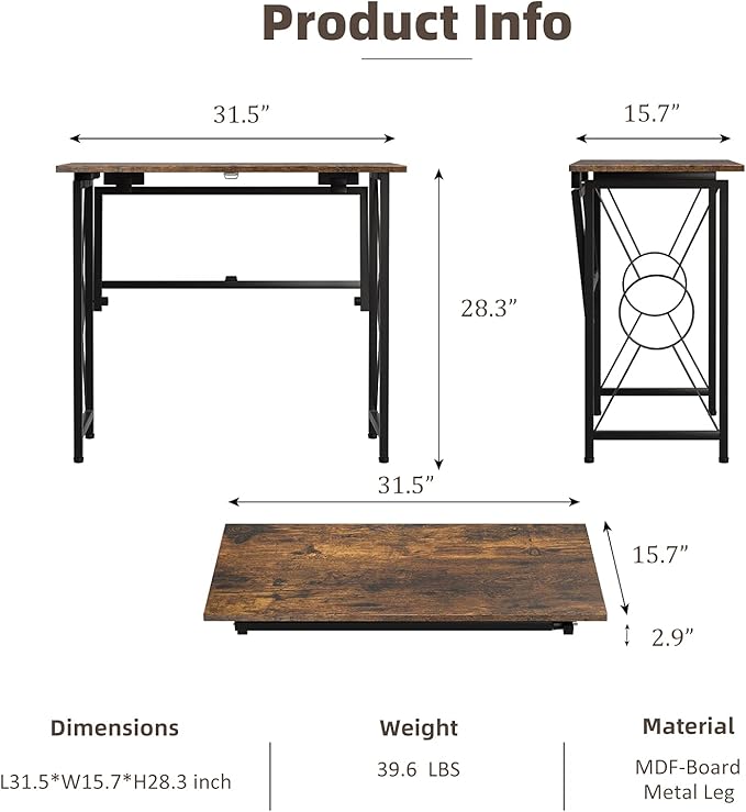 31.5" Computer Desk for Small Place, Foldable Desk Home Office Desk, Black Metal Frame, Modern Industrial Style Study Writing Table, No Assembly Required, Rustic Brown - LeafyLoom