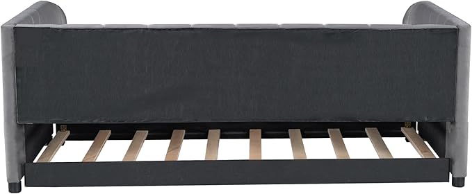 Twin Size, Upholstered Daybeds with Ergonomic Design Backrest and Trundle, Velvet Sofa Day Bed Frame for Kids Teens Adults, Space-Saving, Easy Assembly, Gray - LeafyLoom