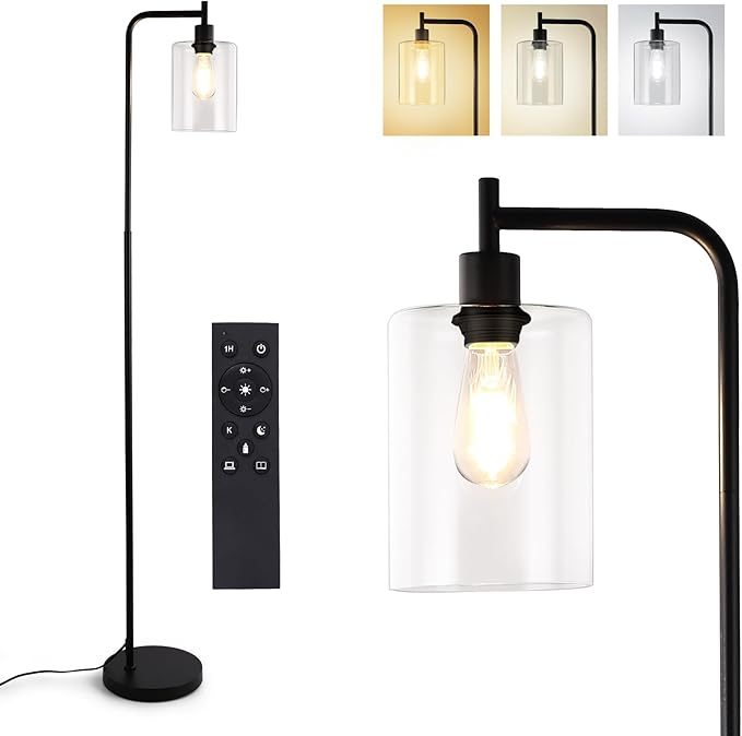 Industrial Floor Lamp, Dimmable Modern Standing Lamp with Clear Glass Shade, Black Tall Lamp with Remote & Foot Control, LED Bright Corner Lamp with 6W Bulb for Living Room Bedroom Office… - LeafyLoom