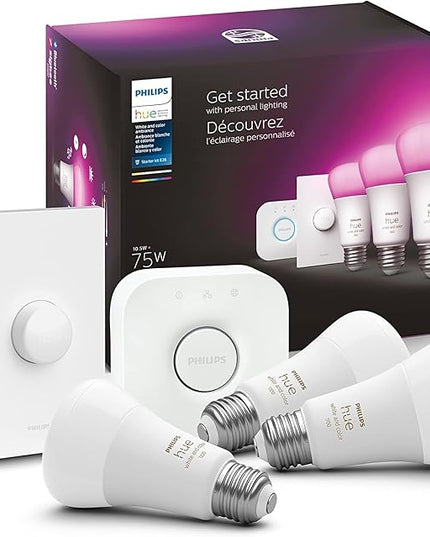 Philips Hue Smart Light Starter Kit - Includes (1) Bridge, (1) Smart Button and (3) Smart 75W A19 LED Bulbs - White and Color Ambiance - 1100LM - E26 - Control with Hue App or Voice Assistant PhilipsHue
