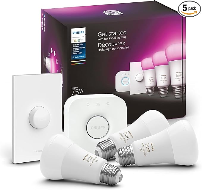 Philips Hue Smart Light Starter Kit - Includes (1) Bridge, (1) Smart Button and (3) Smart 75W A19 LED Bulbs - White and Color Ambiance - 1100LM - E26 - Control with Hue App or Voice Assistant PhilipsHue