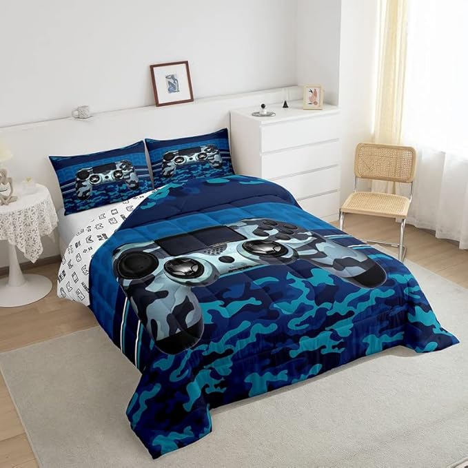 Feelyou Gamer Comforter Set Camouflage Gaming Video Game Bedding Set for Kids Boys Blue Camo Gamer Console Comforter Soft Gamepad Decor Quilt King Size Boys - LeafyLoom
