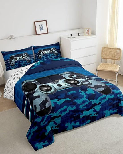 Feelyou Gamer Comforter Set Camouflage Gaming Video Game Bedding Set for Kids Boys Children Blue Camo Gamer Console Comforter Soft Gamepad Decor Quilt Set Queen Size - LeafyLoom