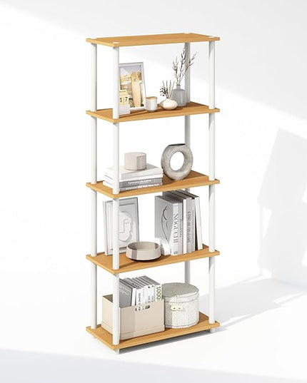 Furinno Turn-N-Tube 5-Tier Multipurpose Compact Display Rack, Shelving Unit, Bookcase, Beech/White - LeafyLoom