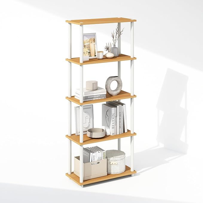 Furinno Turn-N-Tube 5-Tier Multipurpose Compact Display Rack, Shelving Unit, Bookcase, Beech/White - LeafyLoom