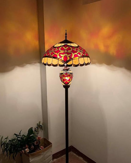 Bieye L10867 Baroque Tiffany Style Stained Glass Double Lit Floor Lamp for Home Decor 64-inch Tall (18-inch Wide, Red) - LeafyLoom