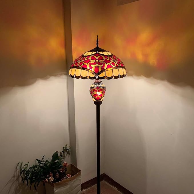 Bieye L10867 Baroque Tiffany Style Stained Glass Double Lit Floor Lamp for Home Decor 64-inch Tall (18-inch Wide, Red) - LeafyLoom