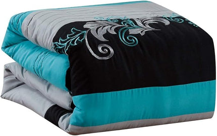 Chezmoi Collection Napa 7-Piece Luxury Leaves Scroll Embroidery Bedding Comforter Set (Queen, Teal Blue/Gray/Black) - LeafyLoom