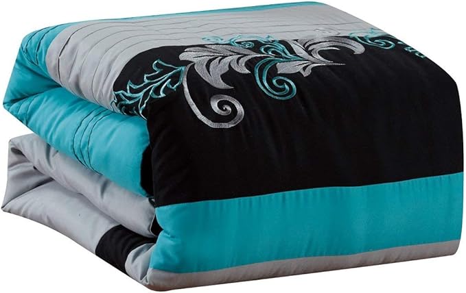 Chezmoi Collection Napa 7-Piece Luxury Leaves Scroll Embroidery Bedding Comforter Set (Oversized King, Teal Blue/Gray/Black) - LeafyLoom