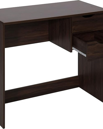 Home Office Computer Desk, 35.4" Study Writing Table, with 2 Storage Drawers, Mid Century Modern Teen Student Table for Small Spaces, Walnut - LeafyLoom