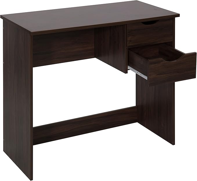 Home Office Computer Desk, 35.4" Study Writing Table, with 2 Storage Drawers, Mid Century Modern Teen Student Table for Small Spaces, Walnut - LeafyLoom