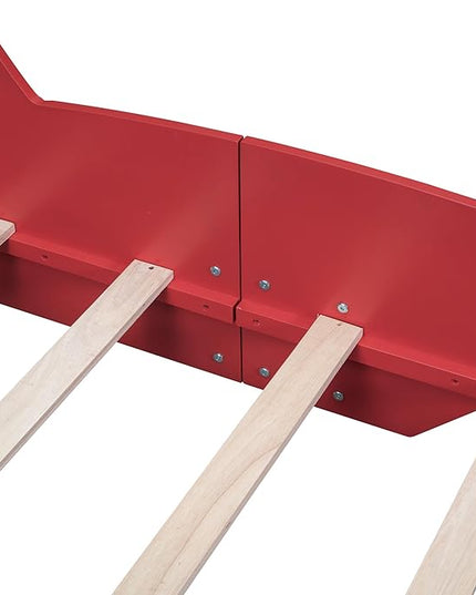 Twin Size Racecar Bed for Big Boys,Wood Platform Bedframe with Wheels & Safety Guardrail,Slats Support,Easy Assembly,Toddlers Kids Car Floor Beds for Fun Children's Bedroom,Red - LeafyLoom