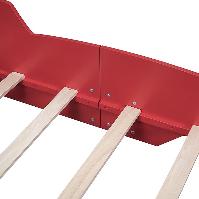 Twin Size Racecar Bed for Big Boys,Wood Platform Bedframe with Wheels & Safety Guardrail,Slats Support,Easy Assembly,Toddlers Kids Car Floor Beds for Fun Children's Bedroom,Red - LeafyLoom