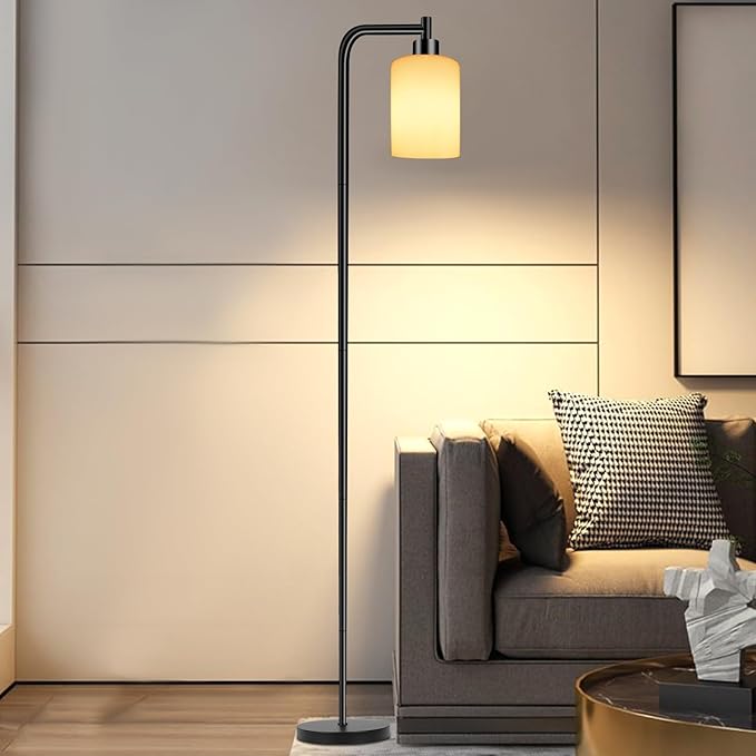 QiMH Floor Lamps for Living Room, Modern LED Standing Reading Light for Bedroom with Glass Shade, Tall Industrial 3 Colors Dimmable Pole Lamp with Foot Control for Home Office Corner Decor (Black) - LeafyLoom