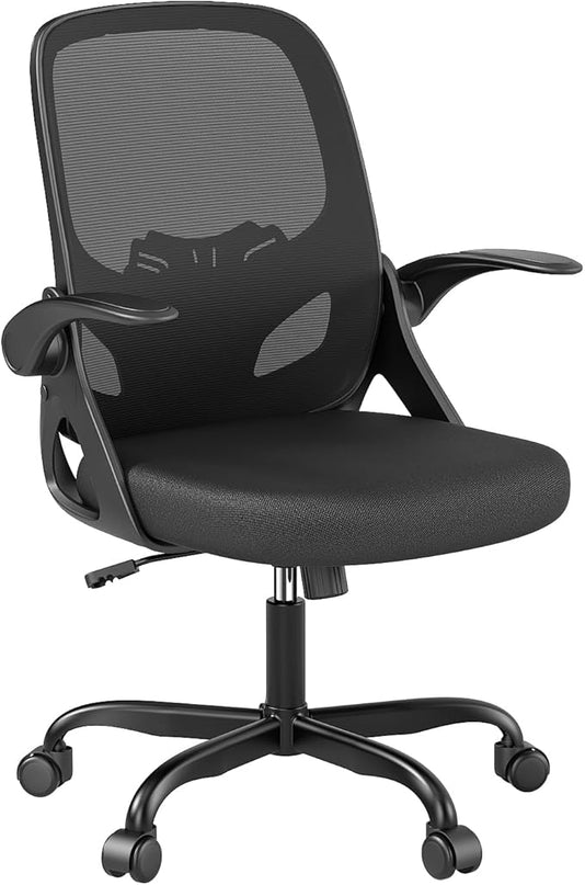 Office Desk Chair with Lumbar Support Ergonomic Mesh Office Chair with Wheels and Flip-up Armrests Adjustable Height Swivel Computer Chair for Home and Office (Black) - LeafyLoom